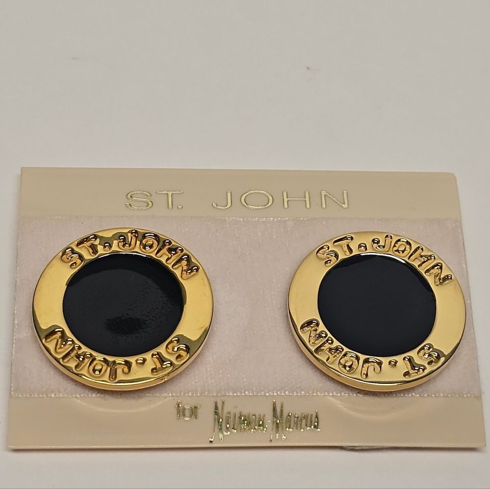 St John Gold Black Enamel Logo Circle Vintage 80s Clip On Earrings